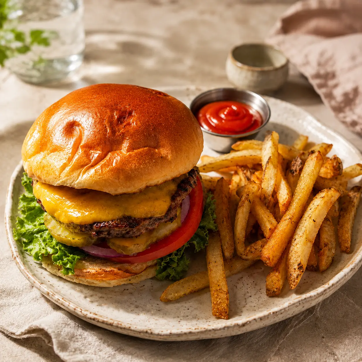 AI-enhanced professional photo of the same cheeseburger and fries