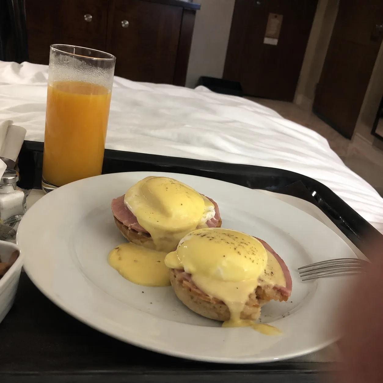 Simple hotel food photo of a room service breakfast tray