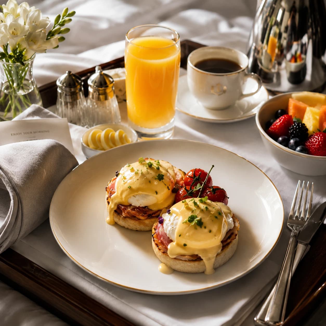polished hotel food image of a room service breakfast tray