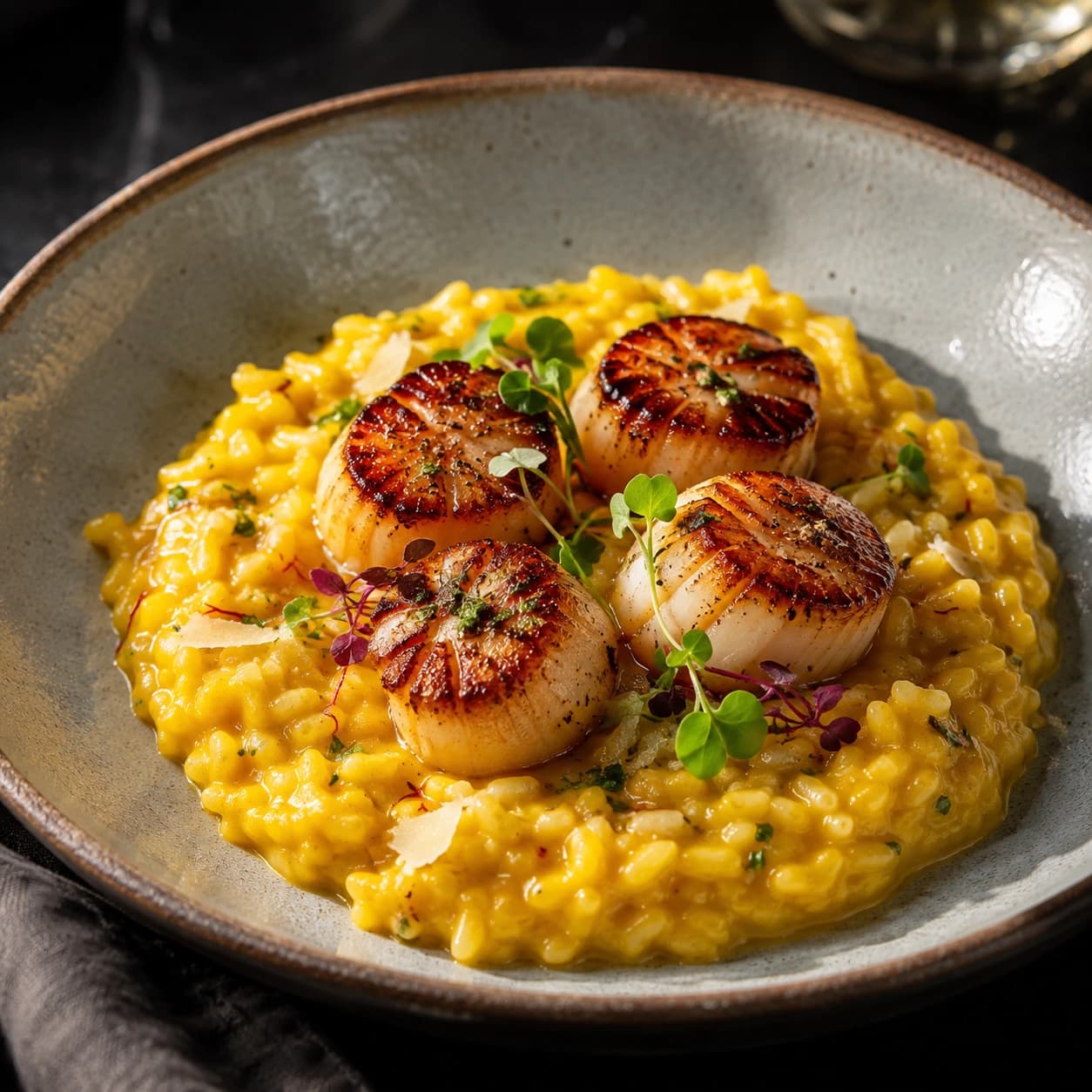 AI-enhanced saffron risotto with pan-seared scallops photo
