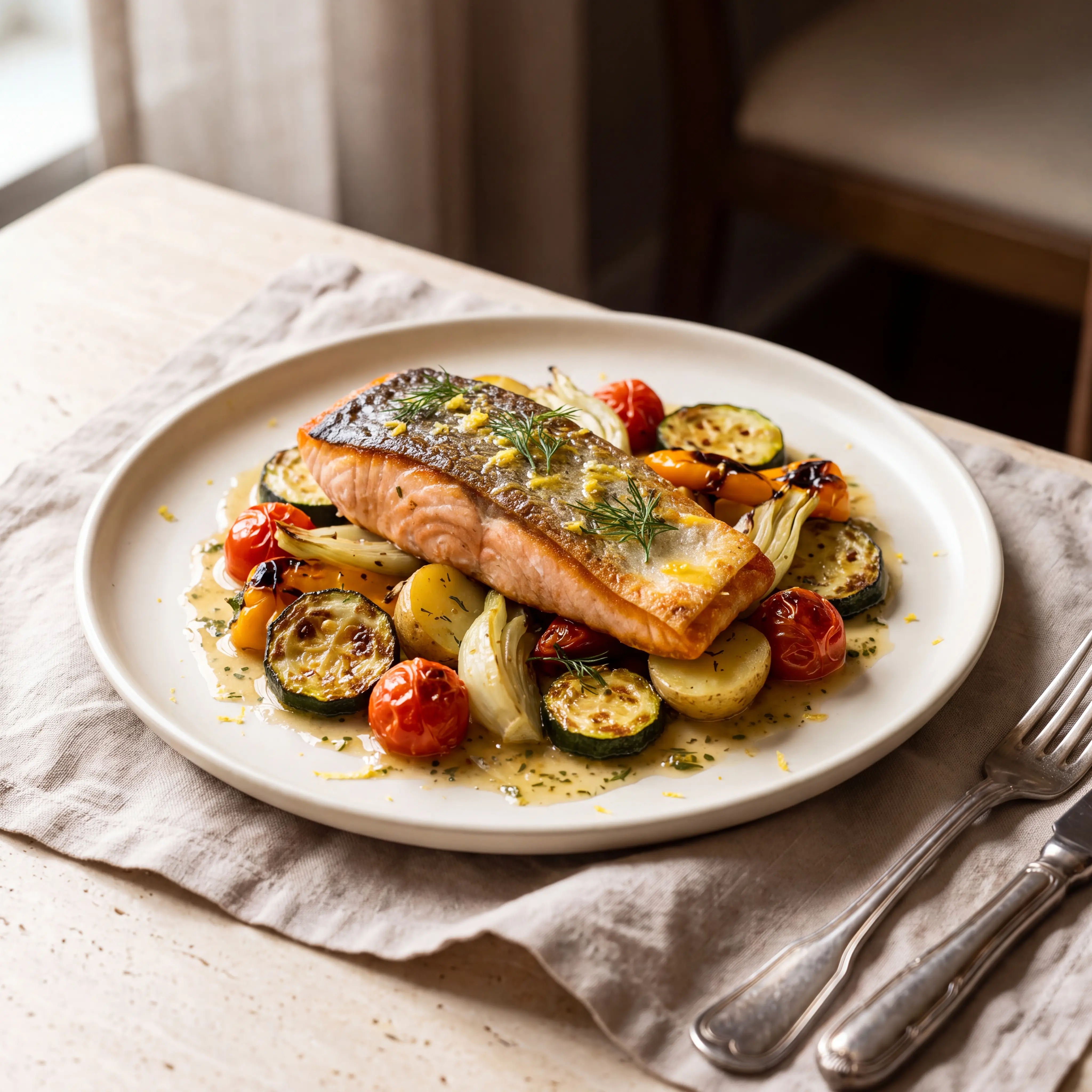 AI-enhanced seared salmon and vegetables photo