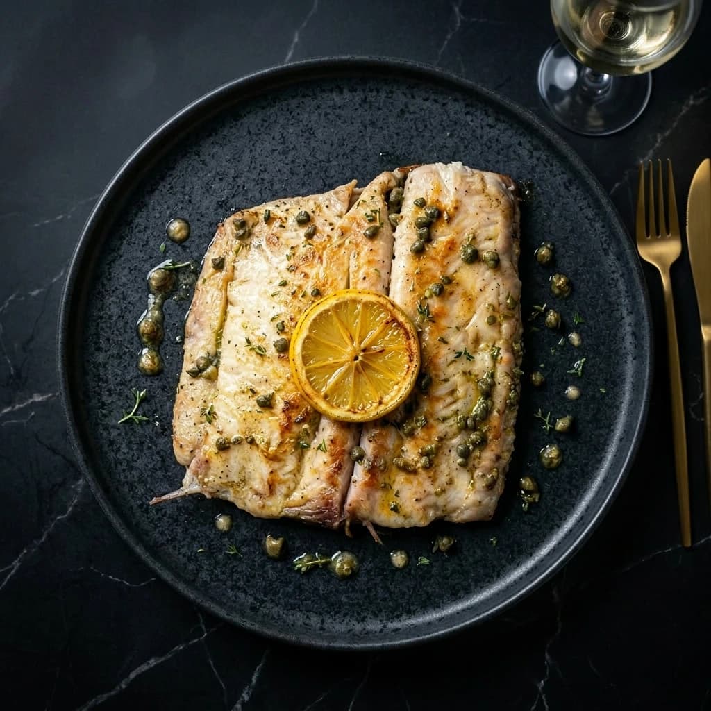 Professional AI-enhanced photo of fish with capers and studio lighting