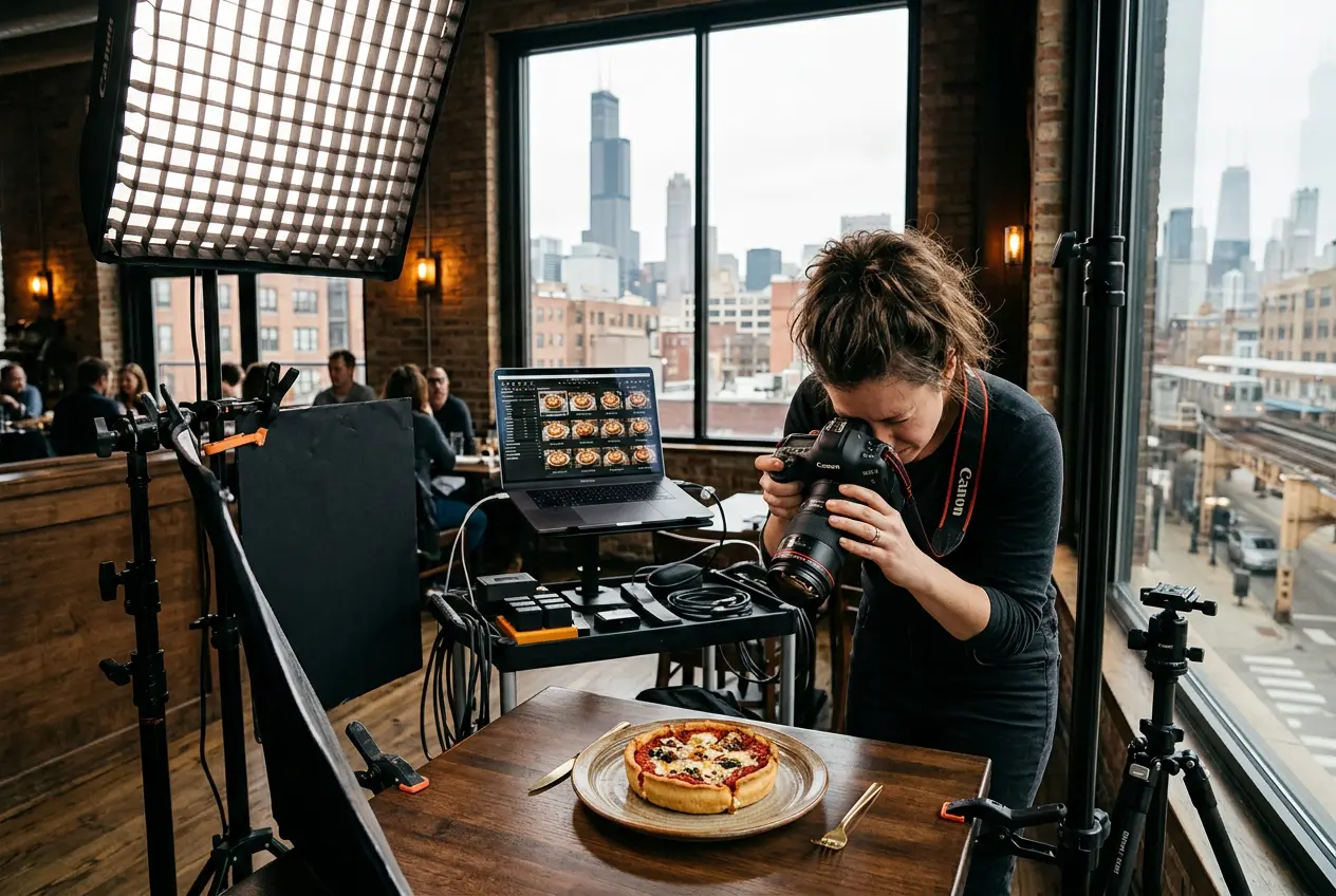Food photographer shooting a deep-dish pizza with the Chicago skyline behind her
