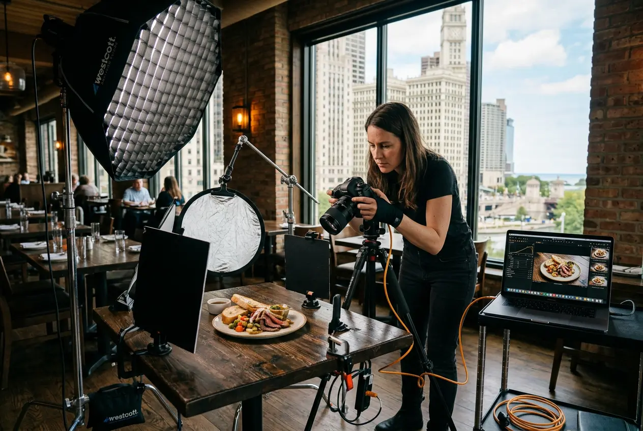 Professional food photographer photographing a restaurant dish with studio lighting