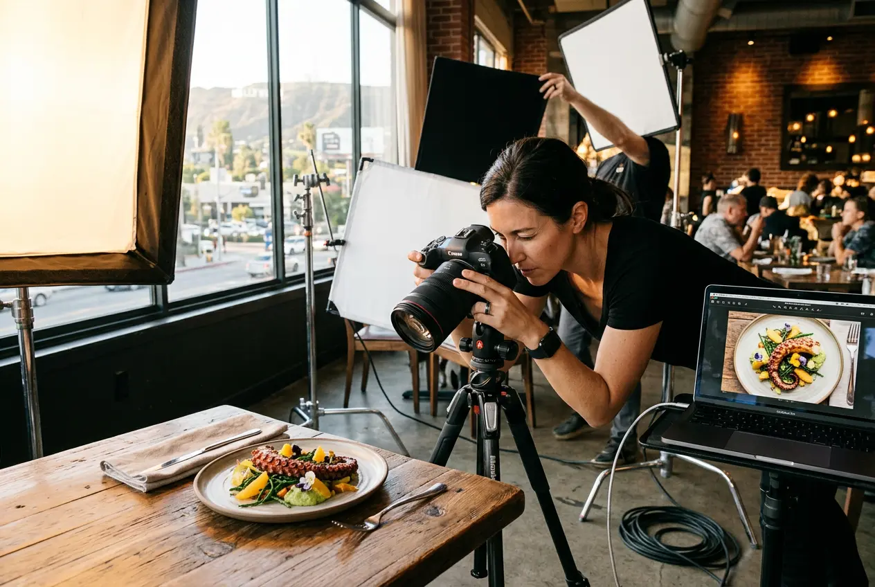 Food photographer shooting a plated octopus dish in a Los Angeles restaurant