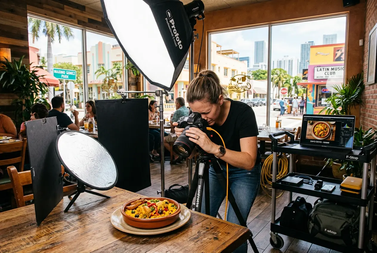 Food photographer photographing a plated dish inside a restaurant