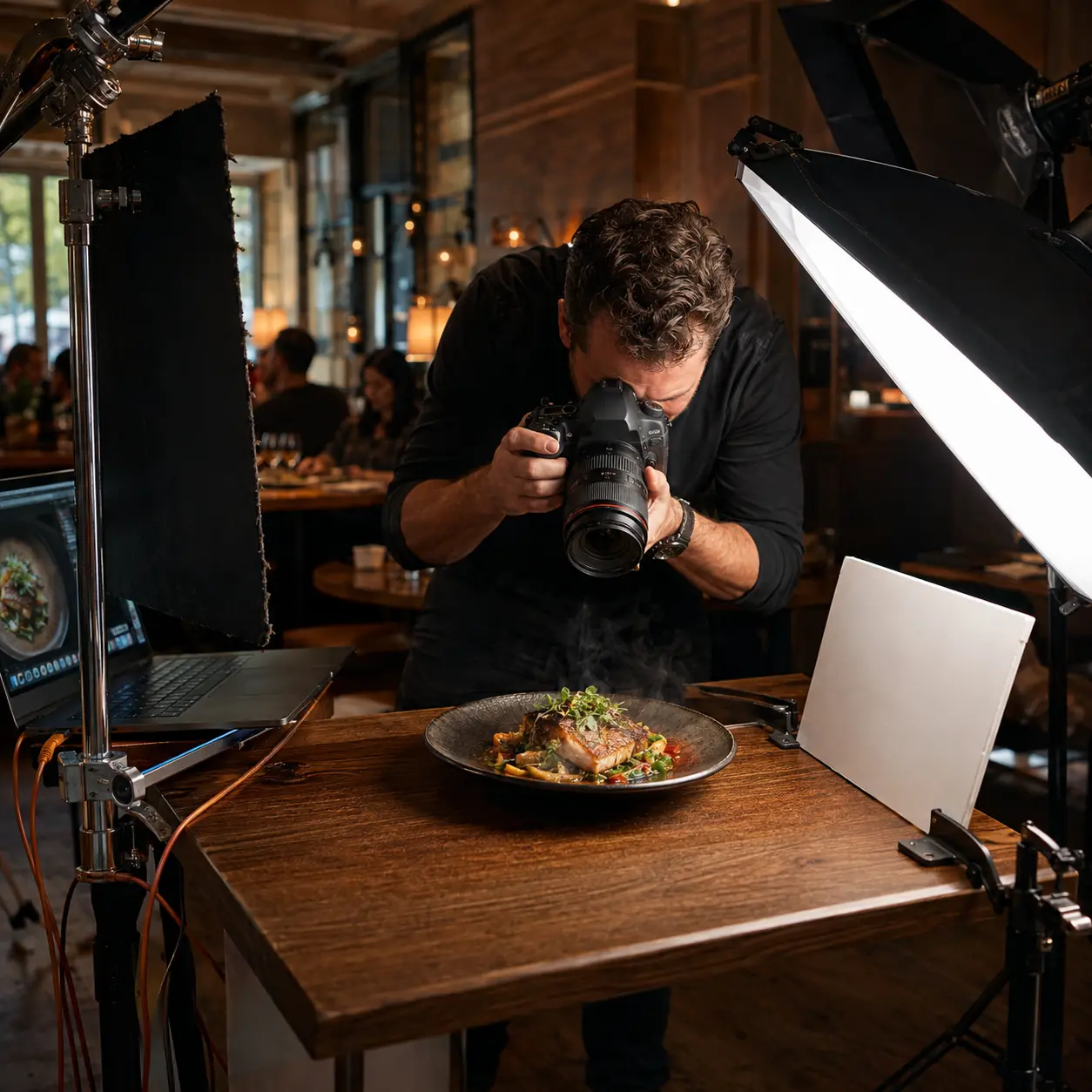 Professional food photographer shooting a plated restaurant dish with studio lighting
