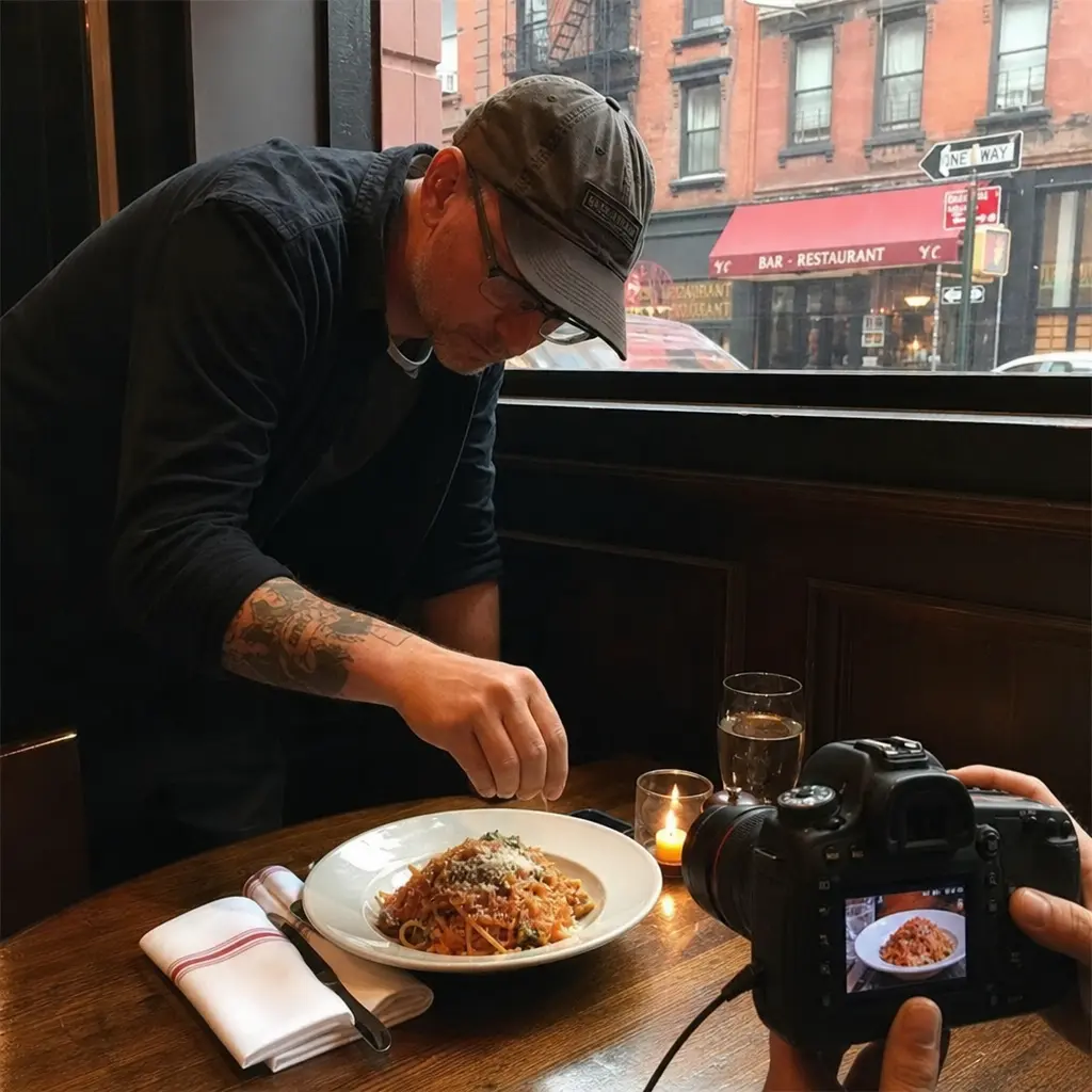 Food photographer in NYC styling a restaurant dish for a professional photoshoot