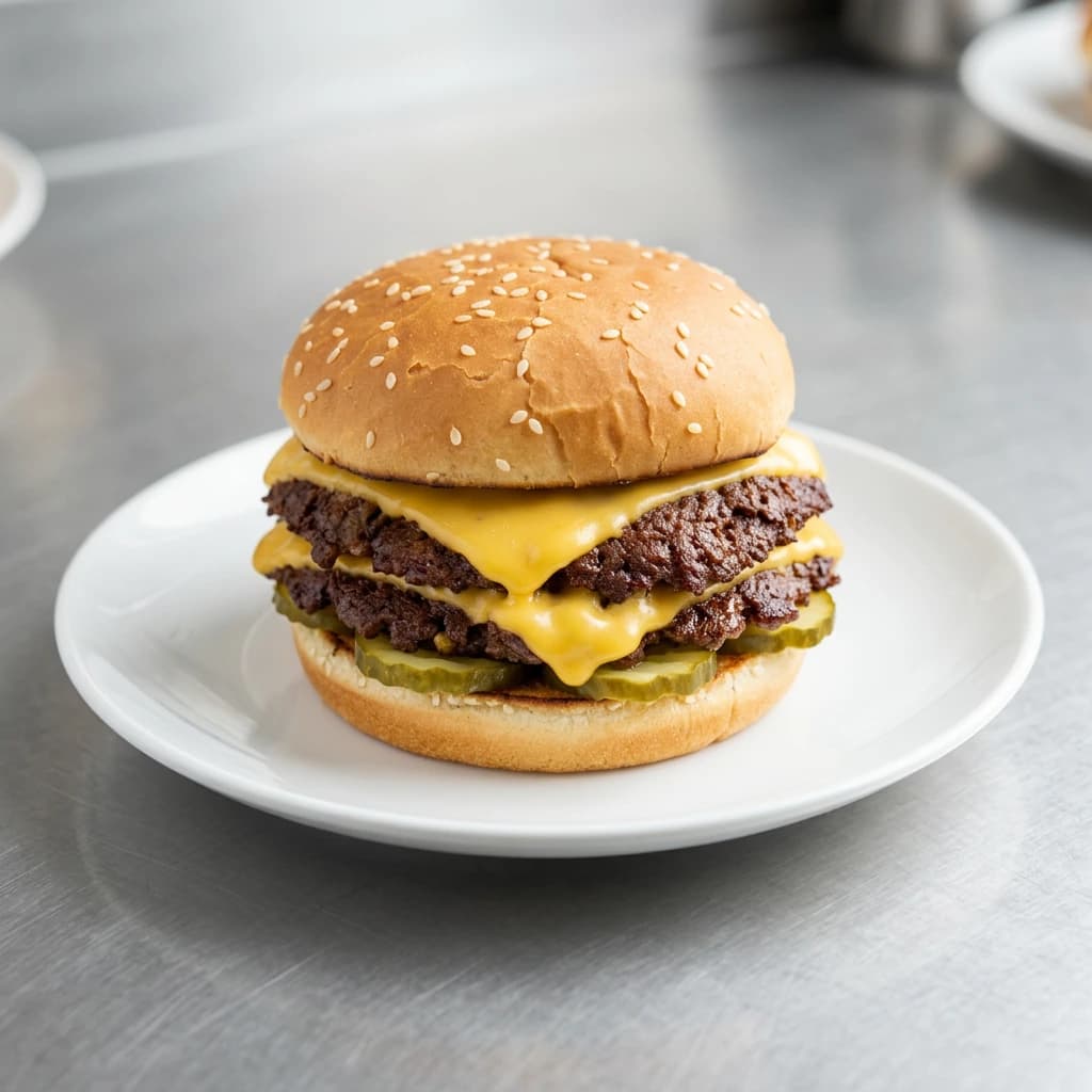 Professional AI-enhanced photo of a cheeseburger with studio lighting