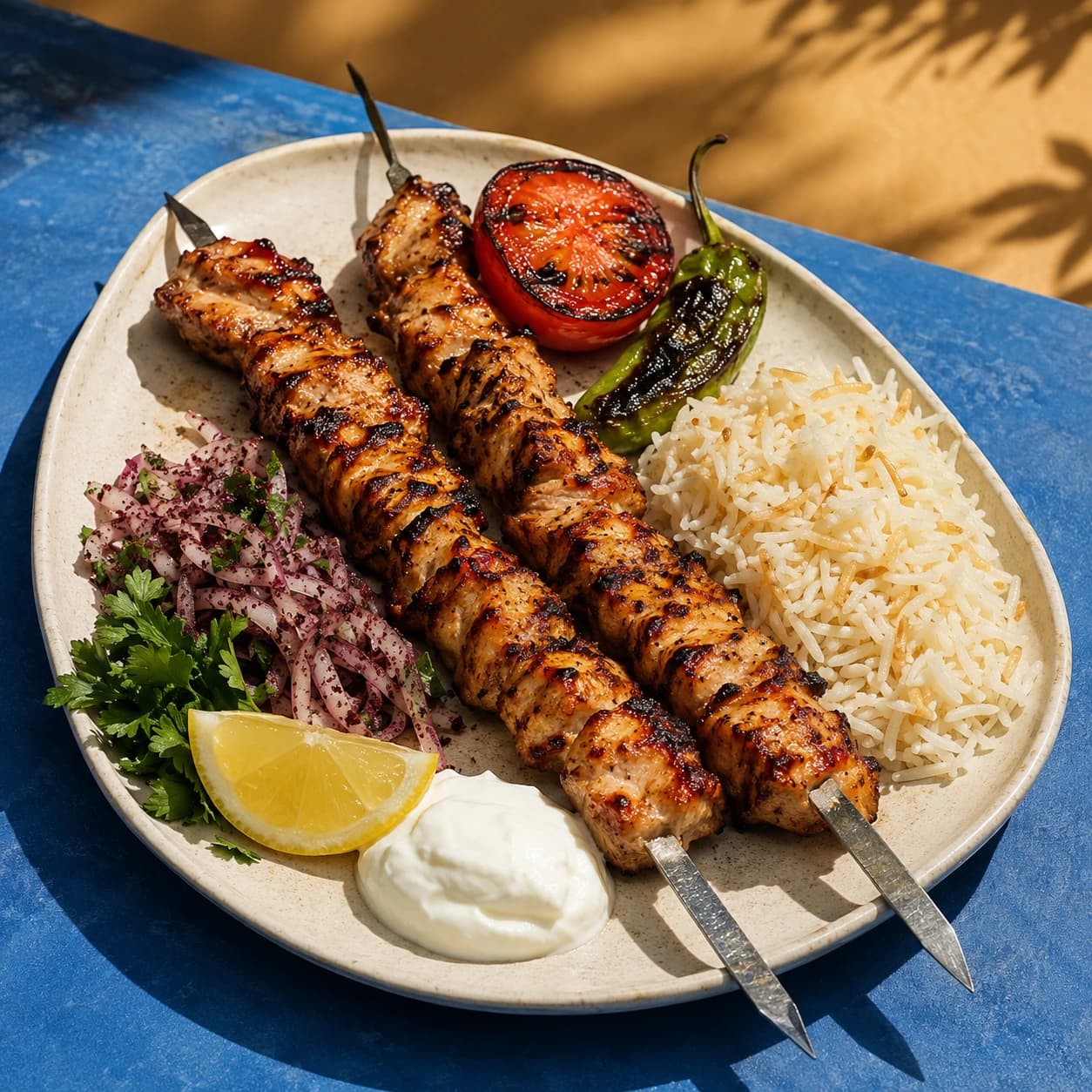 Chicken Shish Kebab With Rice And Vegetables